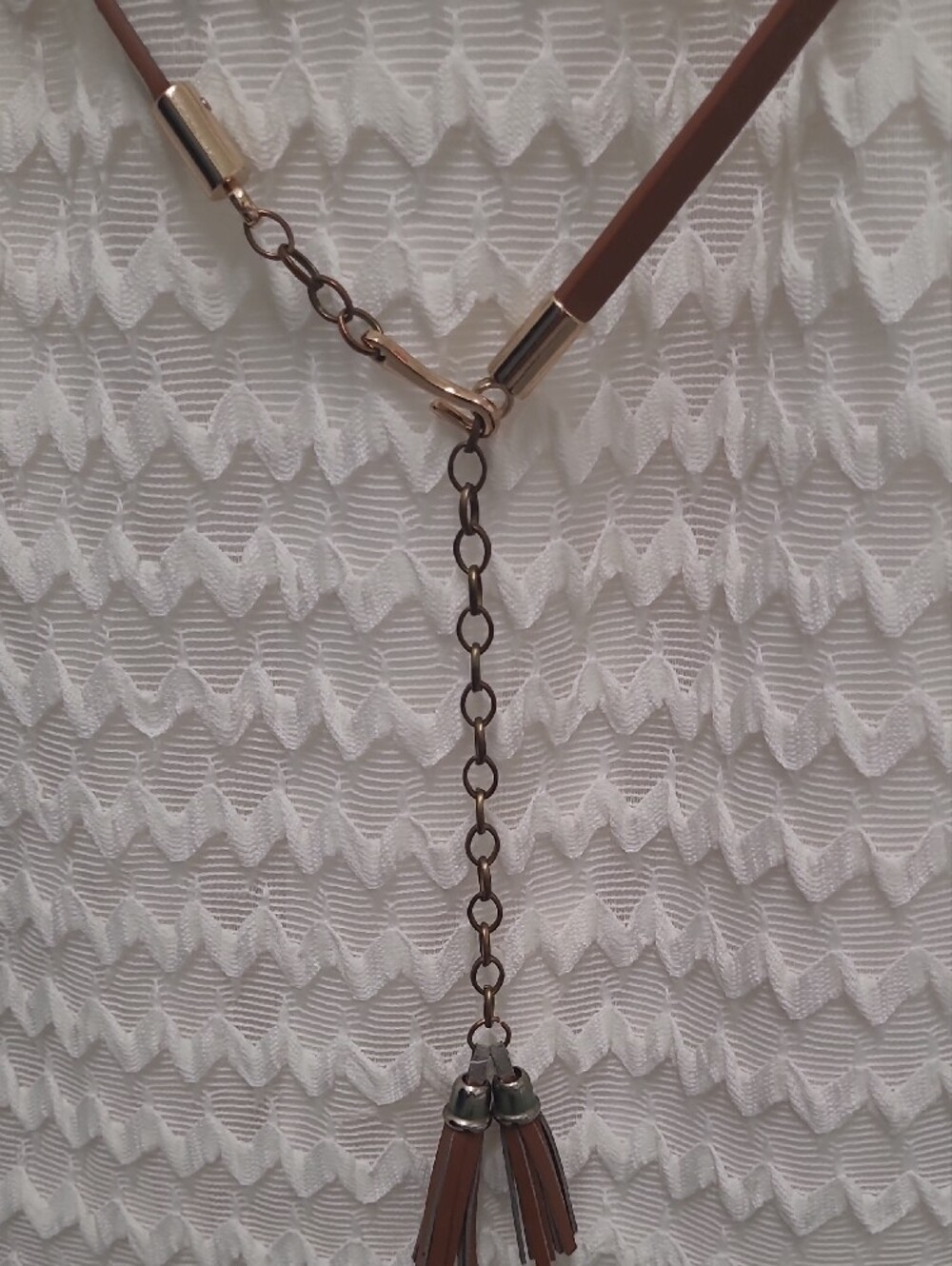 Sharagano White Textured Long Sleeve Dress with Tassel Belt - Picture 4 of 9